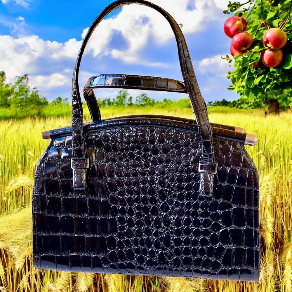 Granada USA Vintage 50's Black Patent Leather Handbag CROC PRINT *flaw